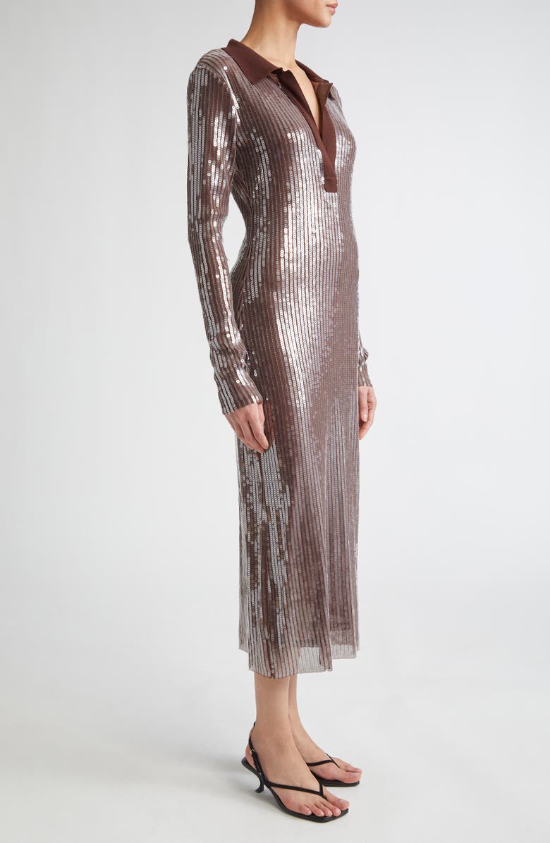 MONSE Long Sleeve Sequin Mesh Midi Polo Dress, Alternate, color, 