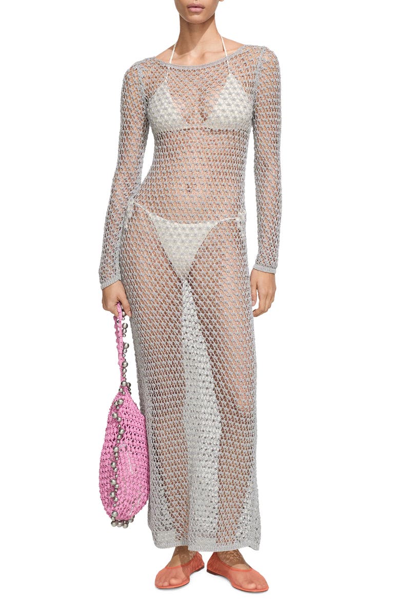 MANGO Metallic Long Sleeve Sheer Maxi Dress, Main, color,