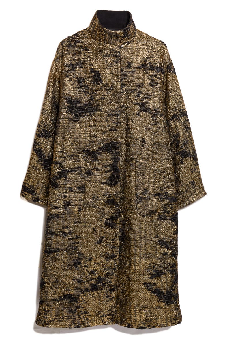 Metallic Jacquard A-Line Coat, Alternate, color, BLACK-GOLD
