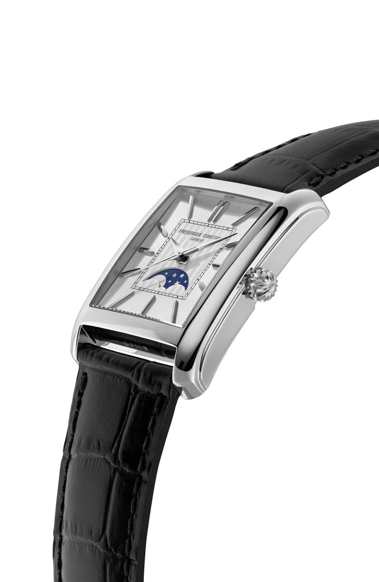 FREDERIQUE CONSTANT Classics Carrée Moonphase Automatic Tank Leather Strap Watch, 30mm x 42.3mm, Alternate, color, White