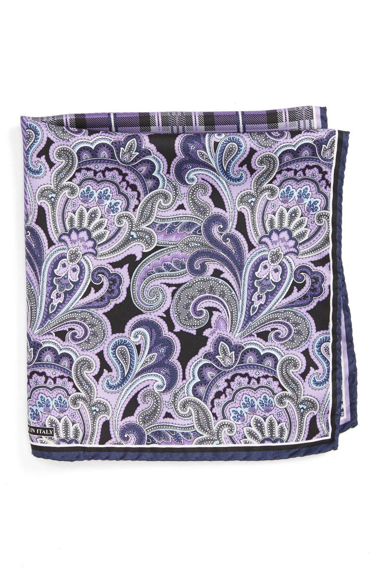 Men's Shop 'Three Panel' Silk Pocket Square, Main, color, PURPLE/BLACK