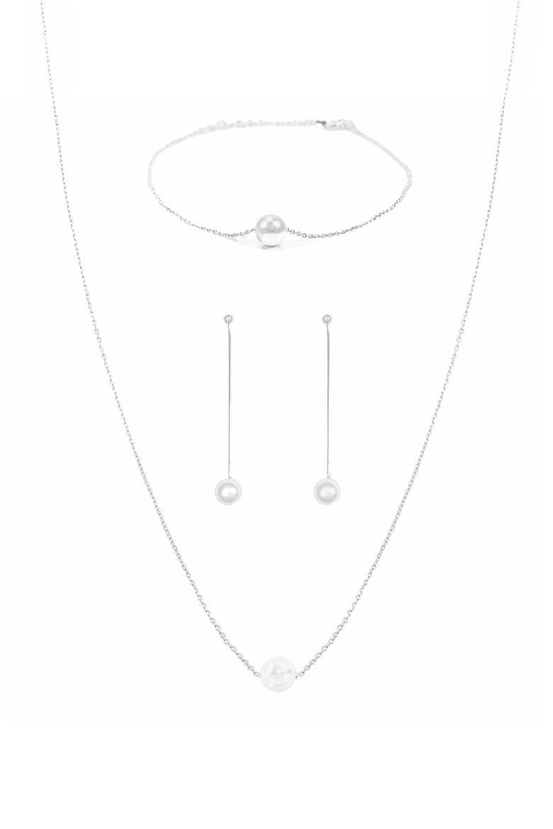 Sterling Silver 18k Gold Plated Abby Pearl Necklace, Bracelet & Dangled Drop Earring Set, Main, color, Silver