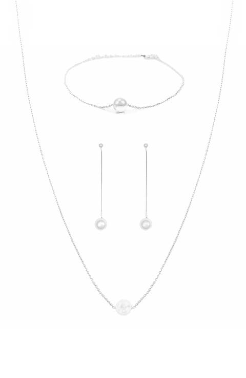 Sterling Silver 18k Gold Plated Abby Pearl Necklace, Bracelet & Dangled Drop Earring Set Holiday Gift Idea