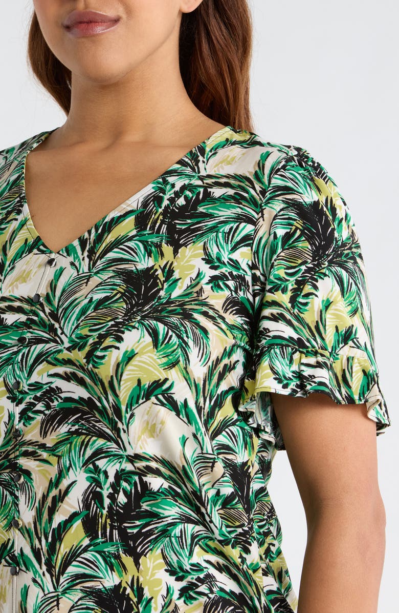 AK ANNE KLEIN Ruffle Accent Short Sleeve Button-Up Shirt, Alternate, color, Tropical Green Multi