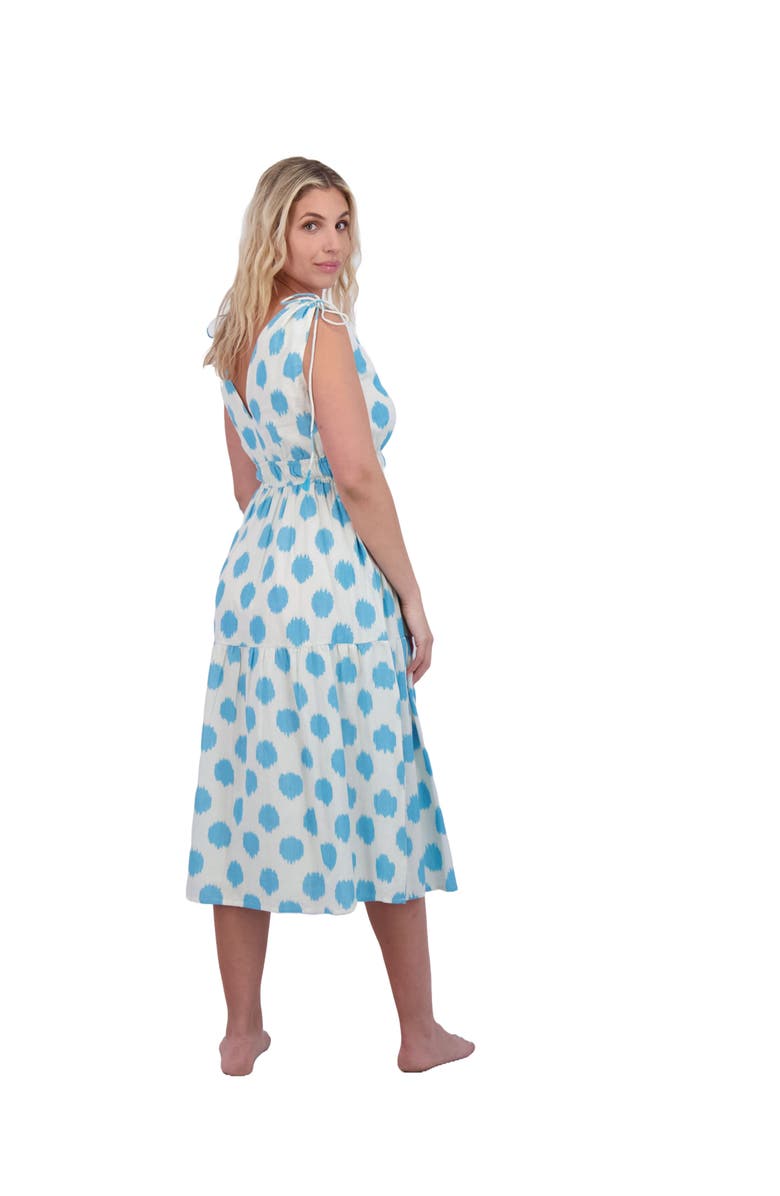 Mer St. Barth Noemie Women's Ruched Shoulder Tie Maxi Dress Cream Aqua Ikat, Alternate, color, 