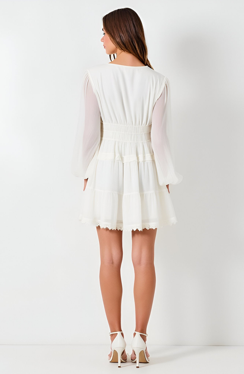 Modenaire Long Sleeve V-neck Ruffle Tiered Mini Dress With Sheer Chiffon Overlay In White