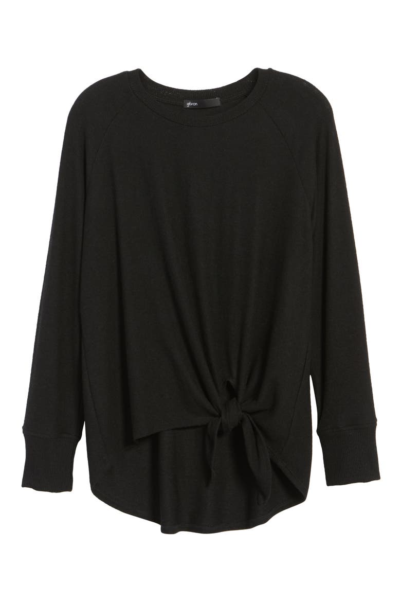 Gibson Tie Front Cozy Fleece Pullover, Alternate, color, BLACK