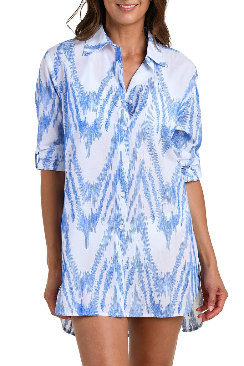 Tidal Wave Button-Up Cotton Cover-Up Shirt, Main, color, LAPIS