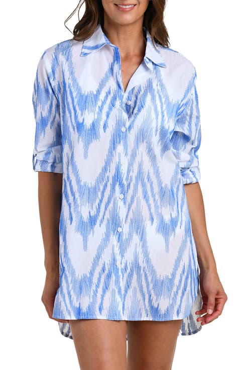 Tidal Wave Button-Up Cotton Cover-Up Shirt