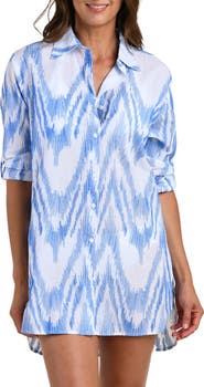 La Blanca Tidal Wave Button-Up Cotton Cover-Up Shirt