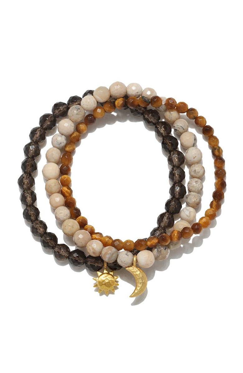 Satya Jewelry Manifest Balance Gemstone Bracelet Set, Main, color, Brown
