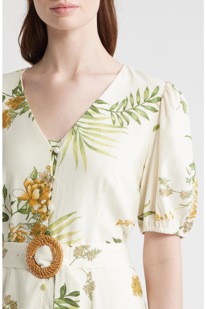 Printed Puff Sleeve Belted Midi Dress, Alternate, color, GREEN MULTI