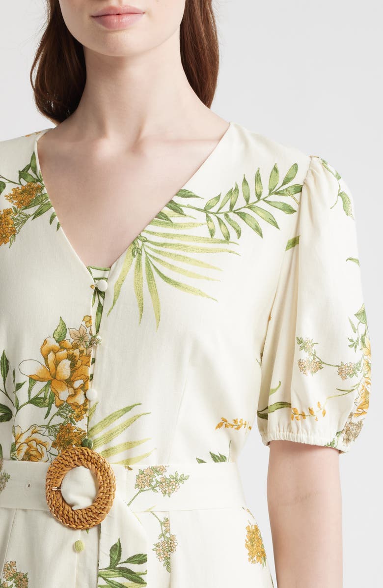 ZOE AND CLAIRE Printed Puff Sleeve Belted Midi Dress, Alternate, color, Green Multi