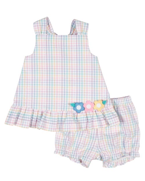 Florence Eiseman Babies' Plaid Seersucker Dress And Bloomer With Flowers In Multi