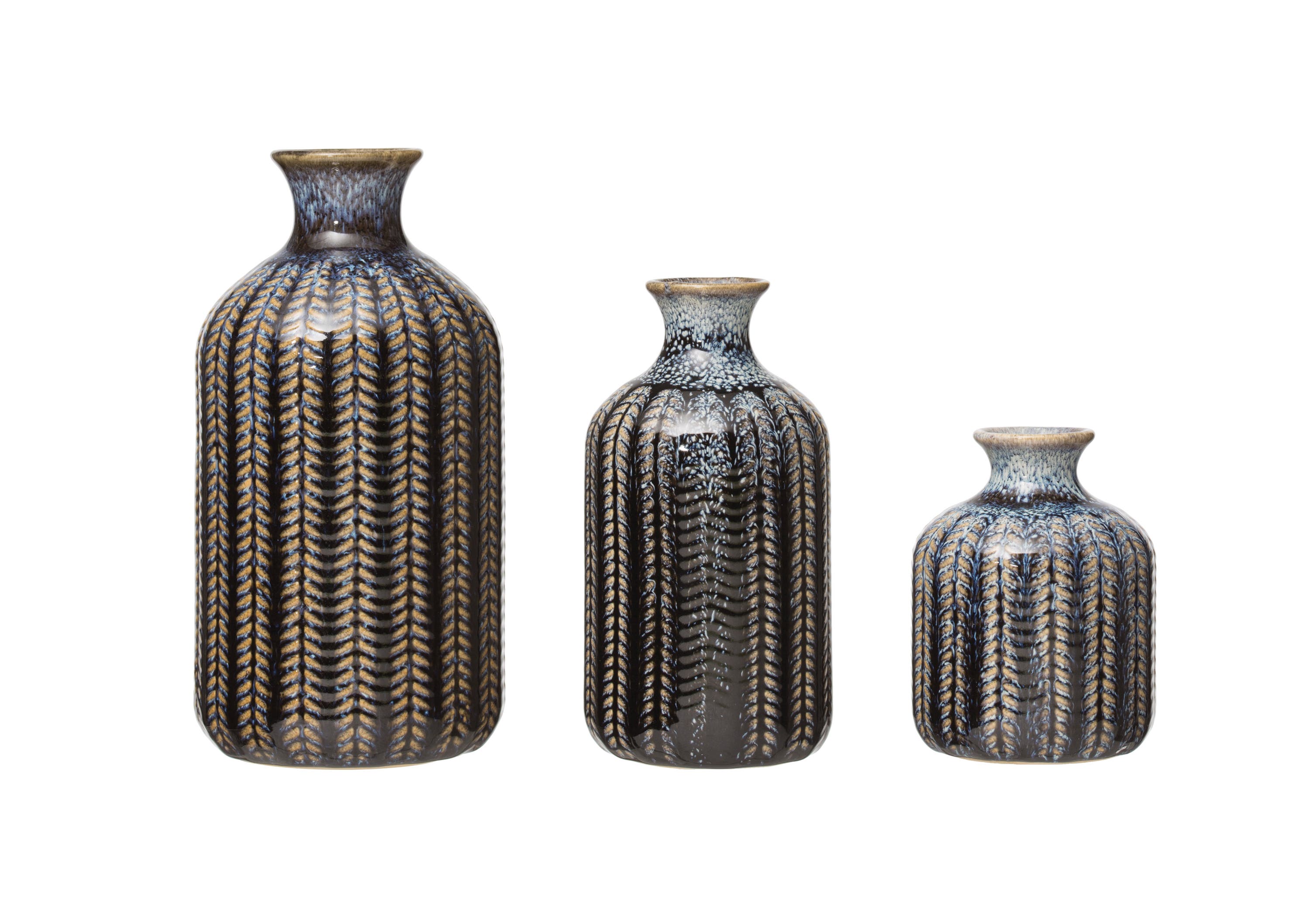 Storied Home Round Embossed Stoneware Vase With Vertical Lines And Reactive Glaze Finish, Blue, Set