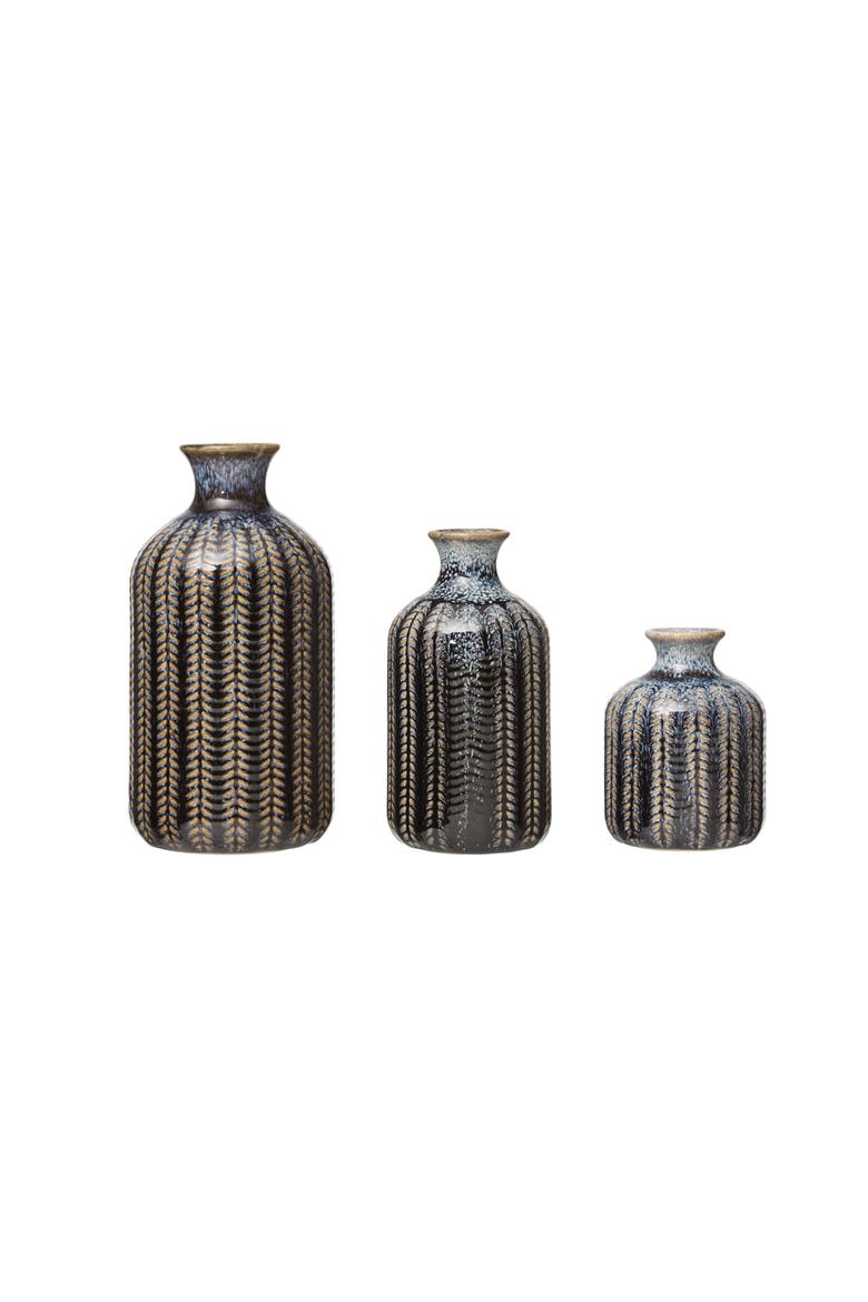Round Embossed Stoneware Vase with Vertical Lines and Reactive Glaze Finish, Blue, Set of 3, Main, color, Blue