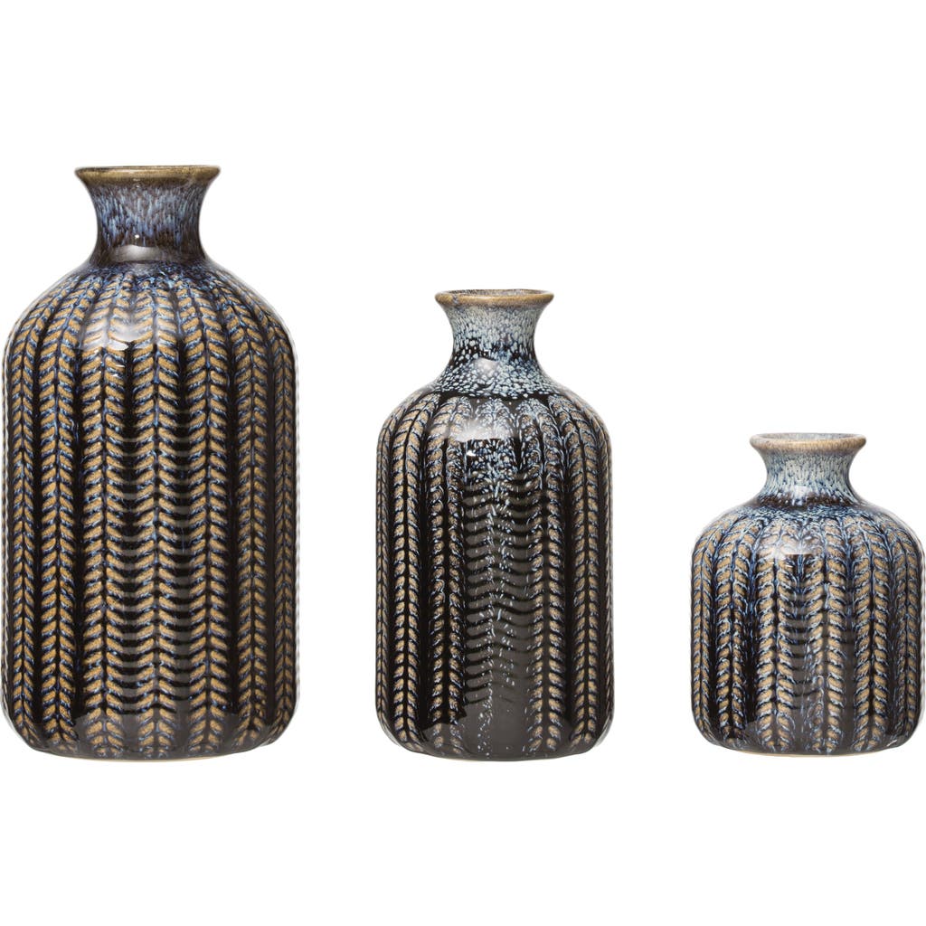 Storied Home Round Embossed Stoneware Vase With Vertical Lines And Reactive Glaze Finish, Blue, Set