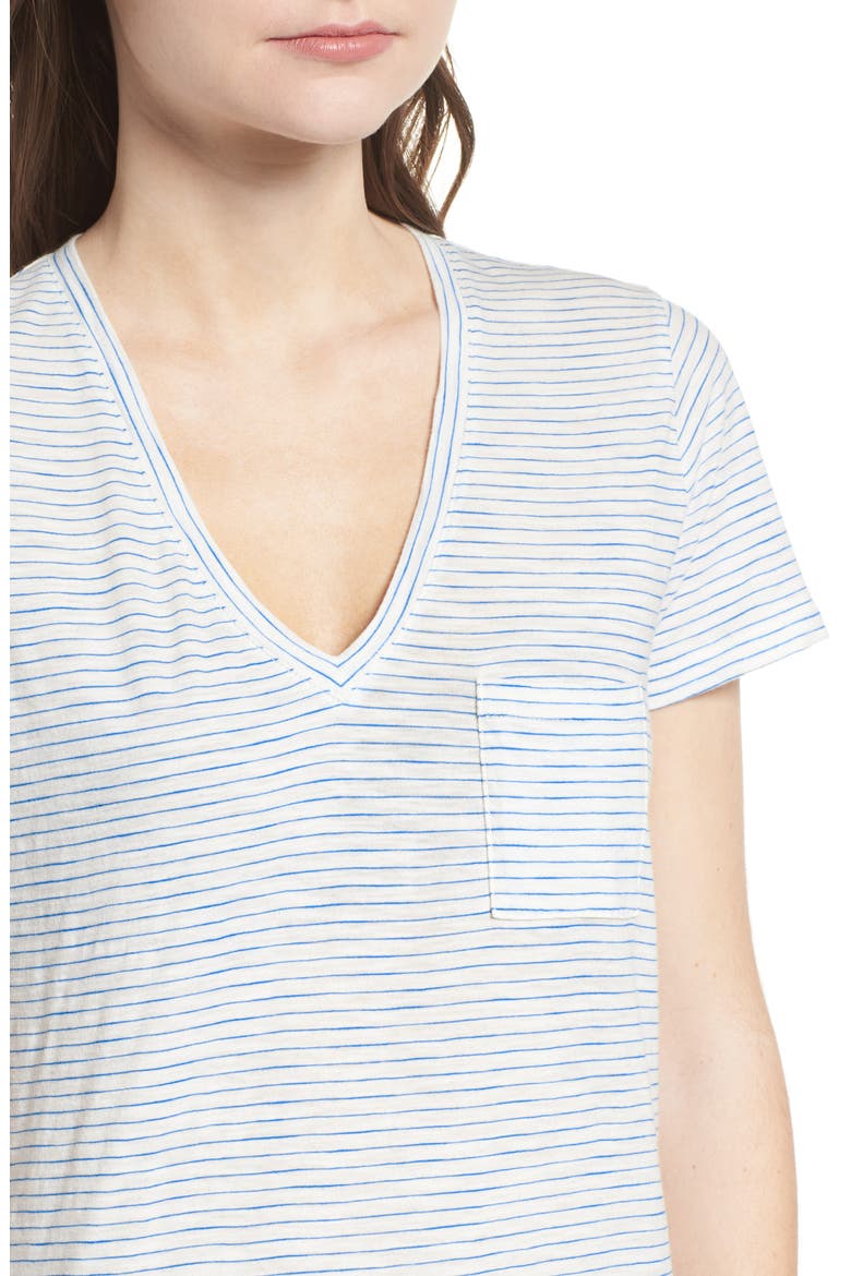 Whisper Cotton Stripe V-Neck Tee, Alternate, color, BRIGHT IVORY