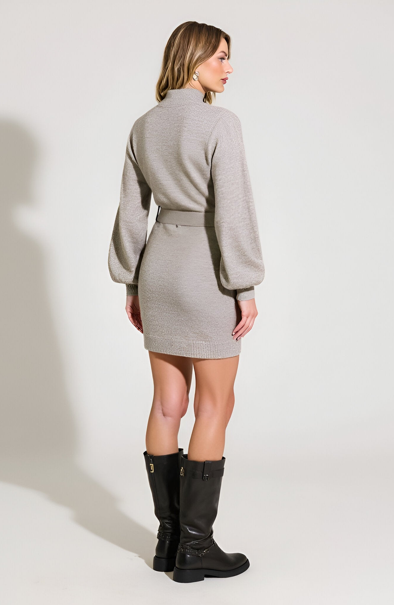 Modenaire Belted Mock Neck Balloon Sleeve Sweater Dress, Alternate, color, Beige