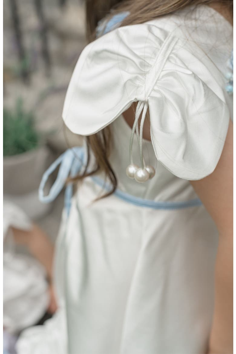 Daphne Satin Dress with Blue Embroidery, Alternate, color, White and Baby Blue