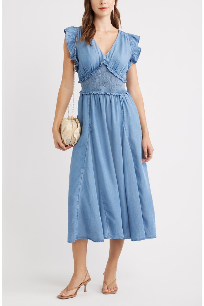 Smocked Chambray Midi Dress, Alternate, color, MEDIUM WASH