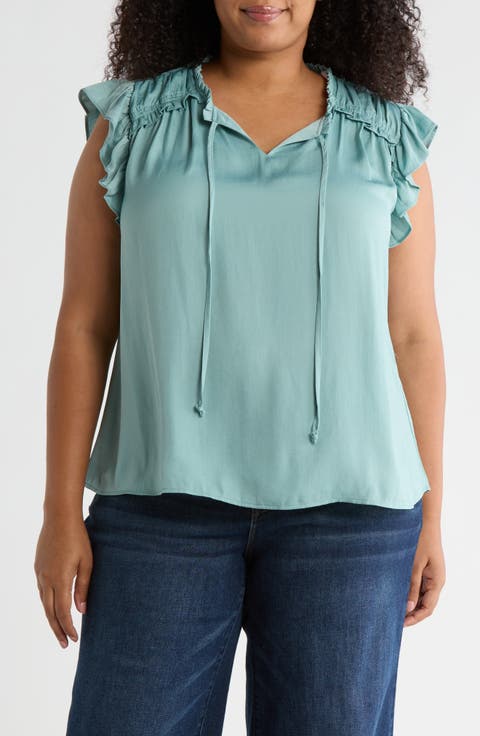 Satin Ruffle Split Neck Top (Plus)