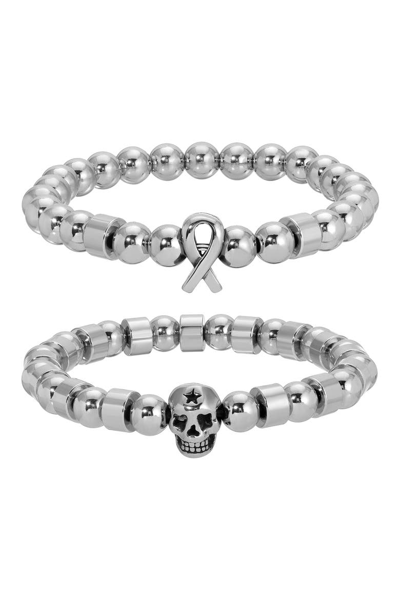 Set of 2 Skully Beaded Stretch Bracelets, Main, color, SILVER