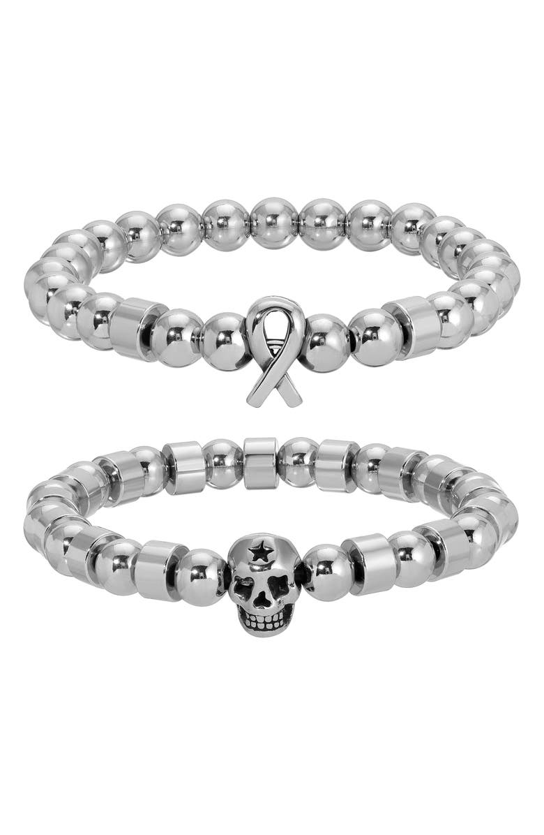 EYE CANDY LOS ANGELES Set of 2 Skully Beaded Stretch Bracelets, Main, color, Silver