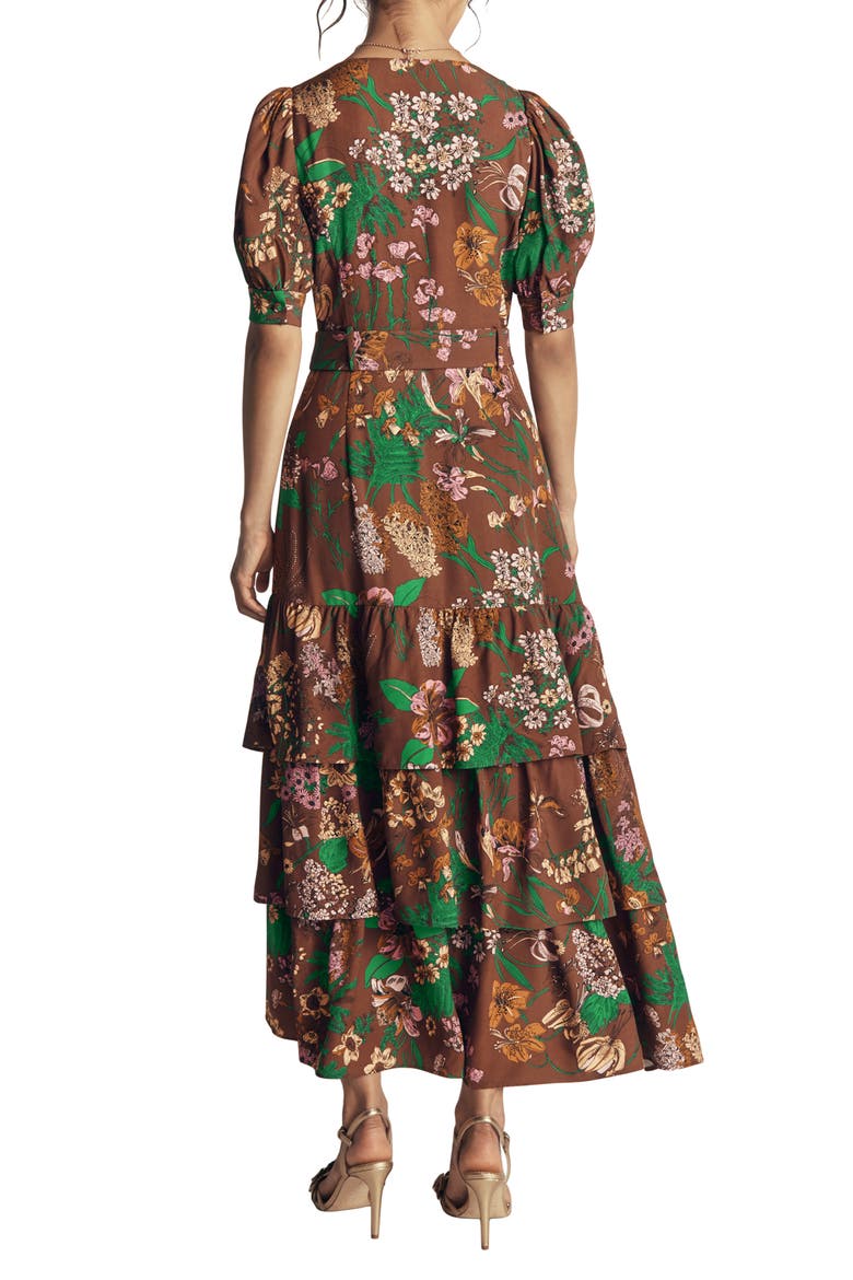 V-Neck Tiered Midi Dress, Alternate, color, WOODLAND BROWN WHMSICAL FLORAL