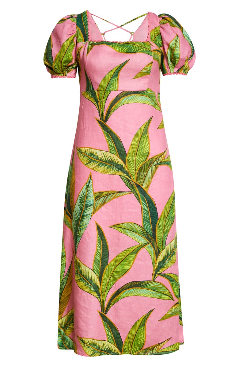 FARM Rio Pink Foliage Cross Back Linen Midi Dress, Alternate, color, 