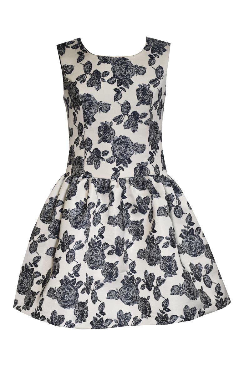 Kids' Jacquard Bow Party Dress, Main, color, WHITE NAVY FLORAL