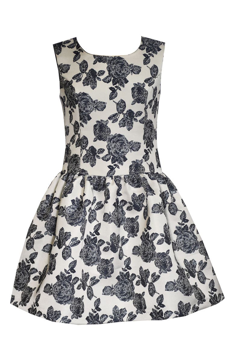 Iris & Ivy Kids' Jacquard Bow Party Dress, Main, color, White Navy Floral