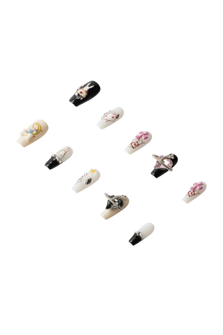 Whimsical Charm Luxury Handmade Press On Nails, Alternate, color, Black, White