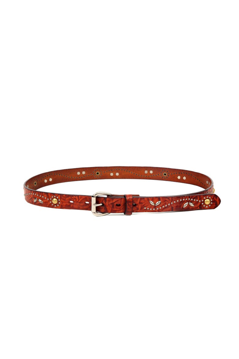 Floral Genuine Leather Studded Floral Accent Belt, Alternate, color, Cognac