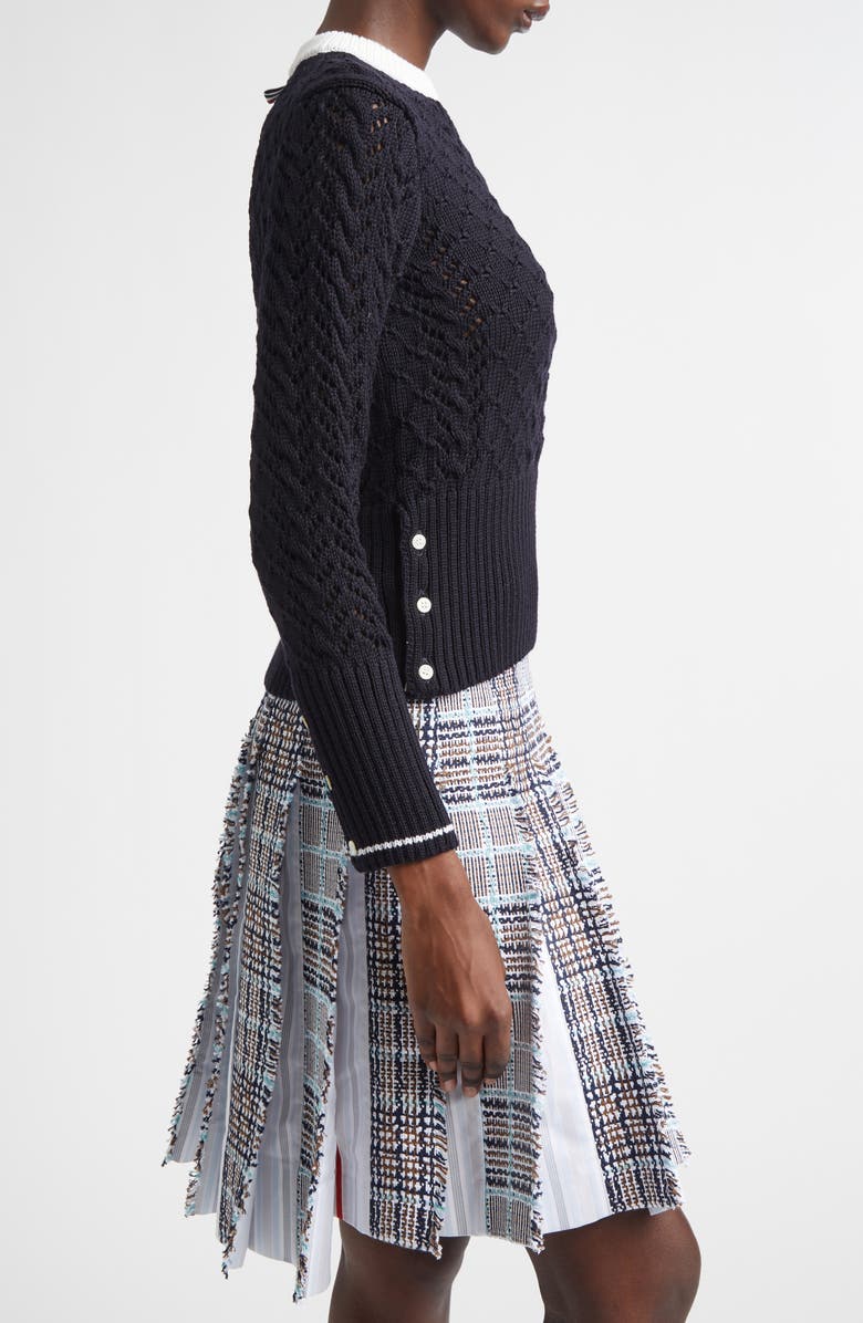 Thom Browne 4-Bar Pointelle Cable Virgin Wool Sweater, Alternate, color, Navy