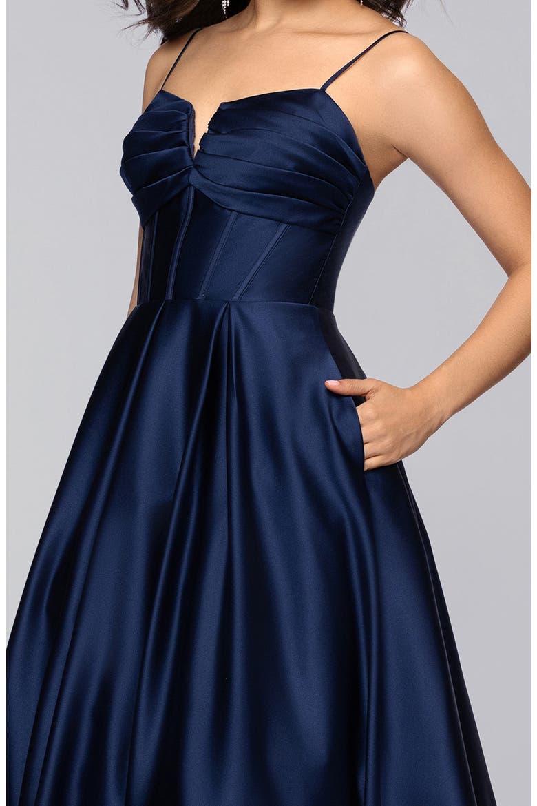Notch Neck Satin Ballgown, Alternate, color, NAVY
