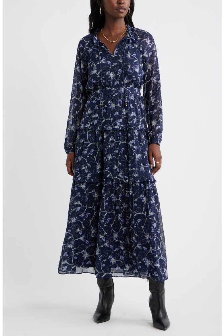 Floral Metallic Clip Dot Ruffle Tiered Midi Dress, Main, color, NAVY- BLUE MOLLY BOHO