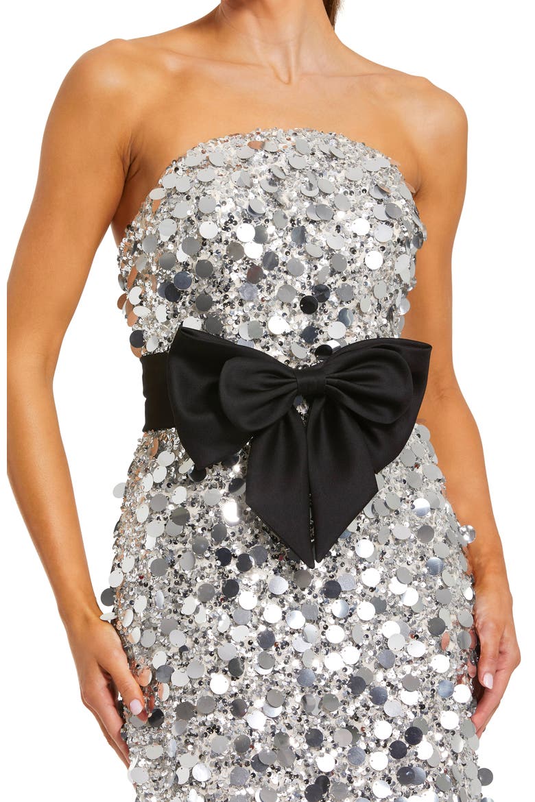 Women's Strapless Paillete Column Midi Dress With Bow, Alternate, color, Black Silver