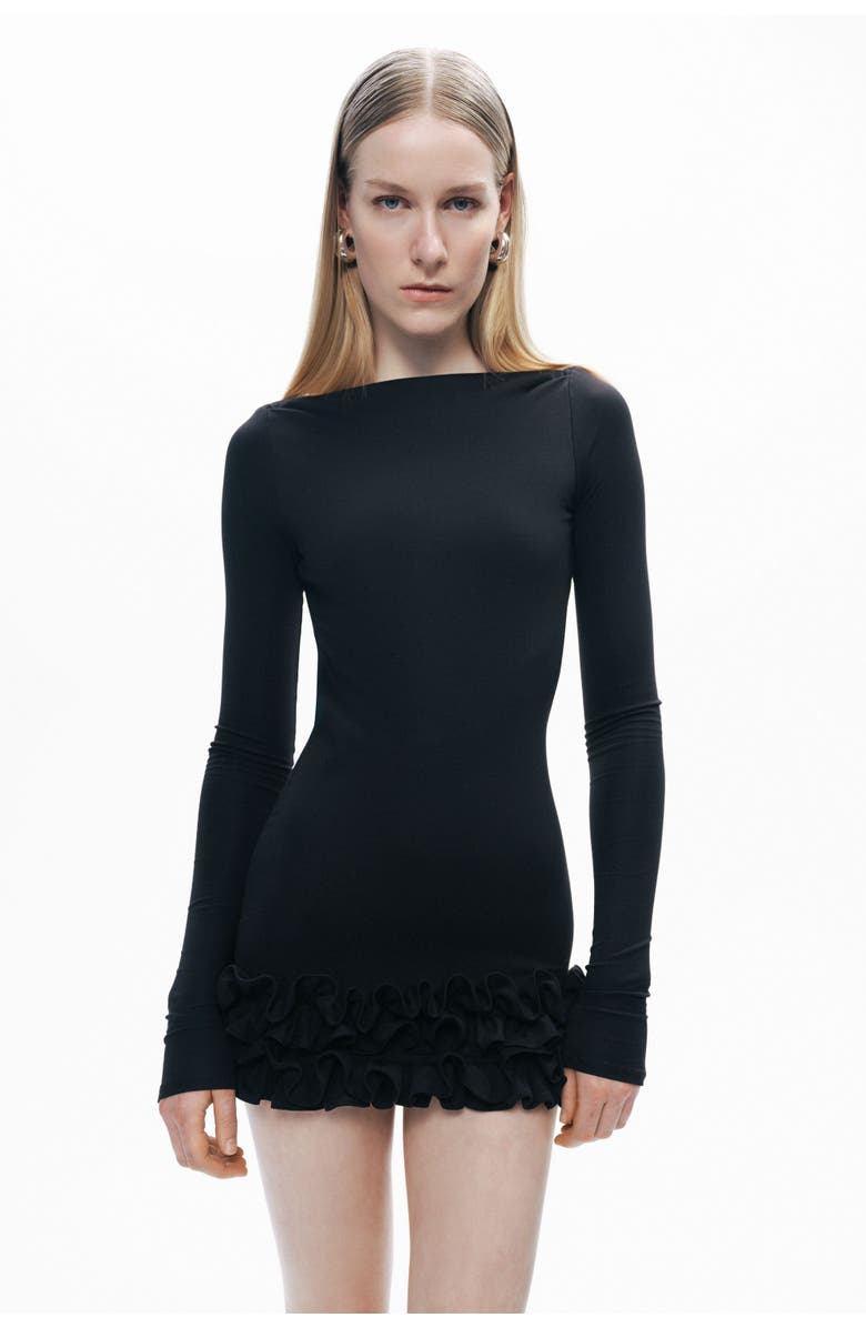 Nocturne Black Long Sleeve Frill-Hem Mini Dress, Alternate, color,