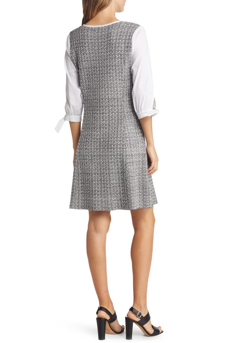 Contrast Sleeve Tweed A-Line Dress, Alternate, color, WHITE/ BLACK