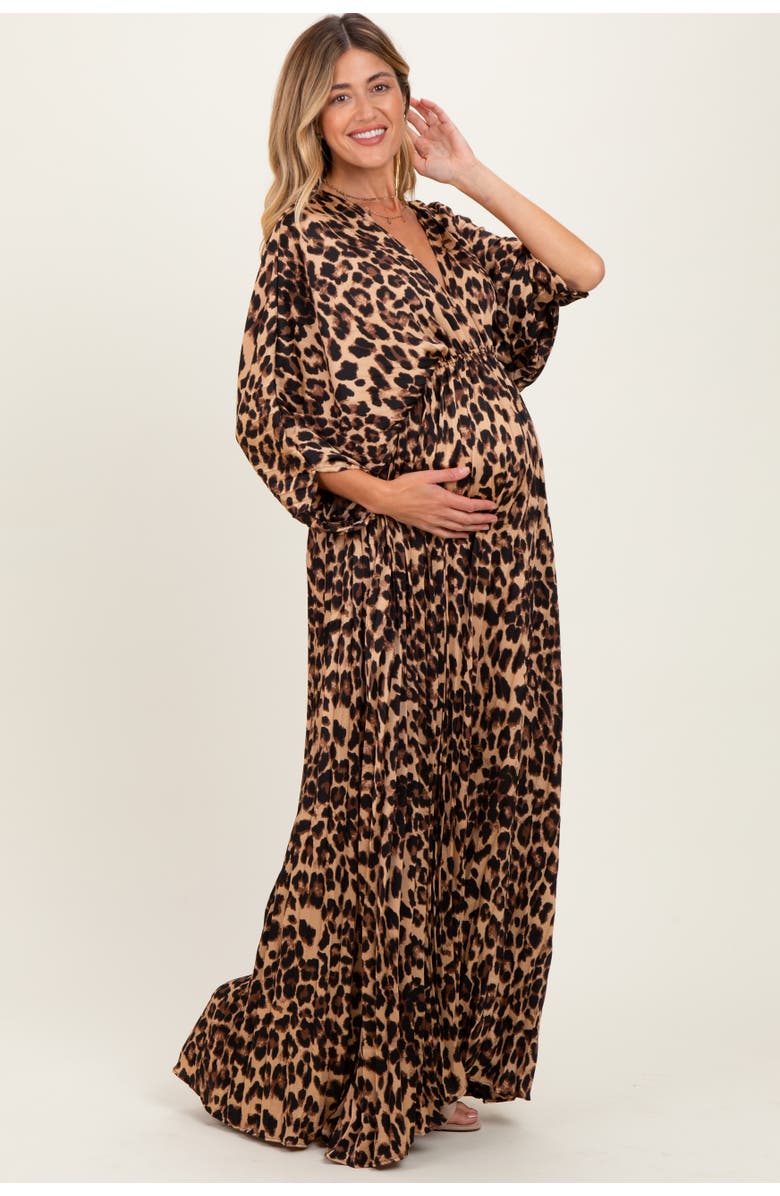 PinkBlush Pleated V Neck Satin Maxi Dress, Alternate, color, Brown