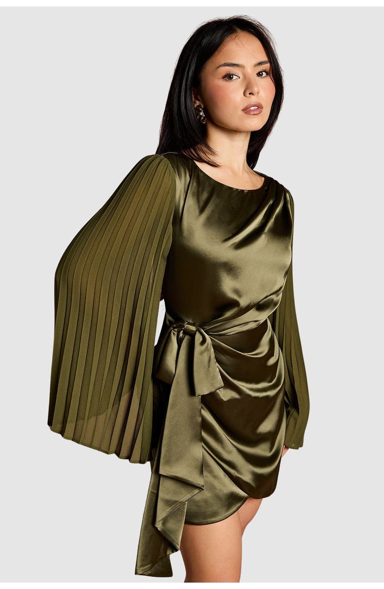 Coast Petite Satin Pleated Flare Mini Dress, Main, color, Olive