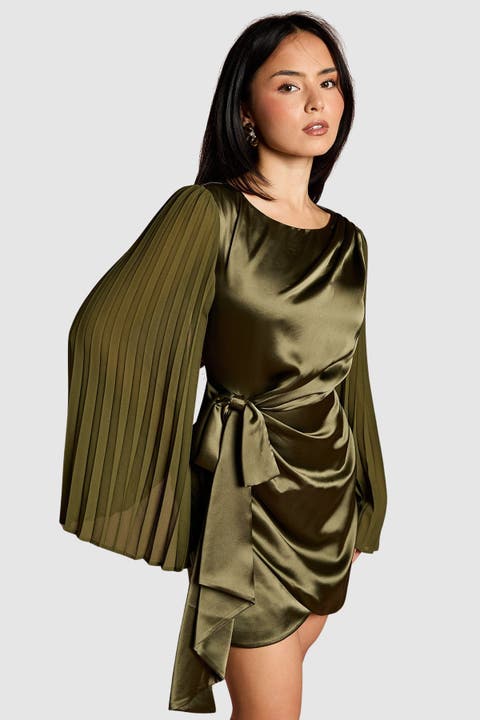 Petite Satin Pleated Flare Mini Dress