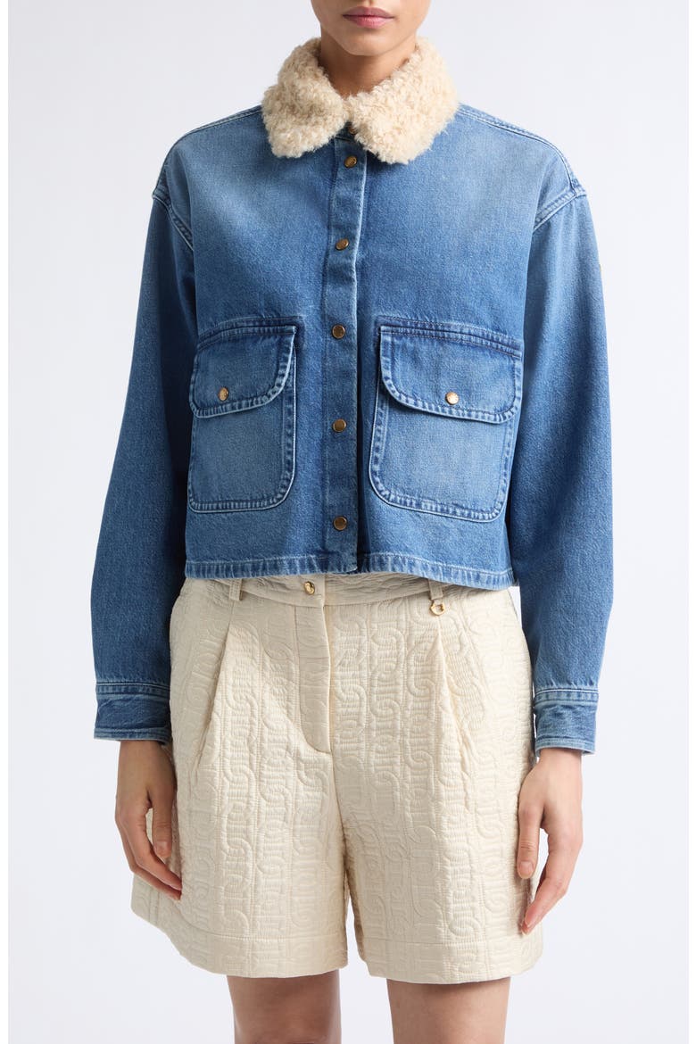 Faux Shearling Collar Denim Jacket, Main, color, BLUE