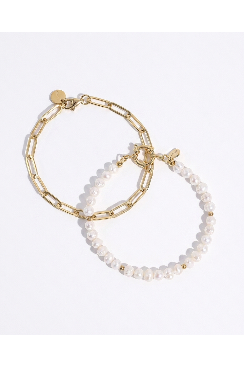 Freshwater Pearl and Paperclip Chain Bracelet Set, Alternate, color, Gold