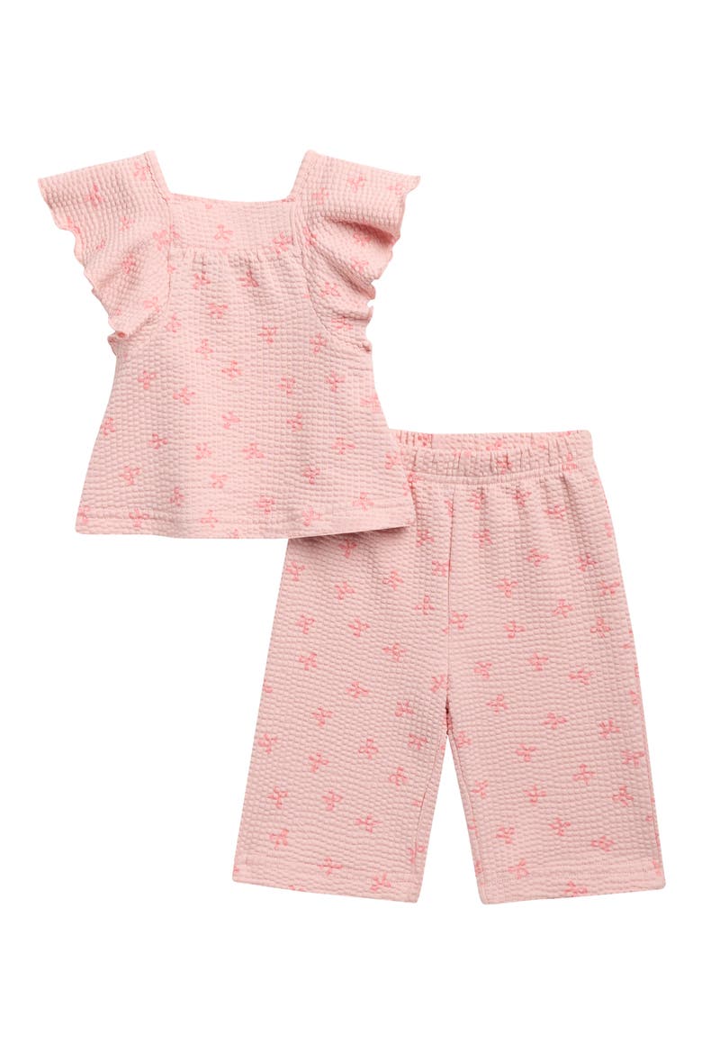 Bow Textured Seersucker Knit Flutter Sleeve Top & Wide Leg Pants Set, Main, color, PINK BOWS