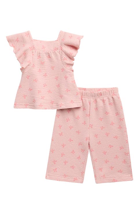 Bow Textured Seersucker Knit Flutter Sleeve Top & Wide Leg Pants Set (Baby)