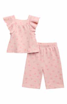 Andy & Evan Bow Textured Seersucker Knit Flutter Sleeve Top & Wide Leg Pants Set