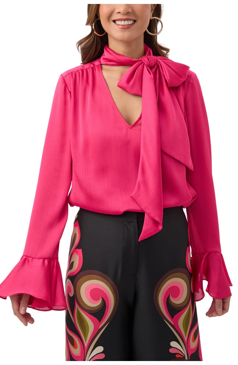 Trina Turk Alora Crinkle Georgette Tie Neck Top, Main, color, Forrest Rose