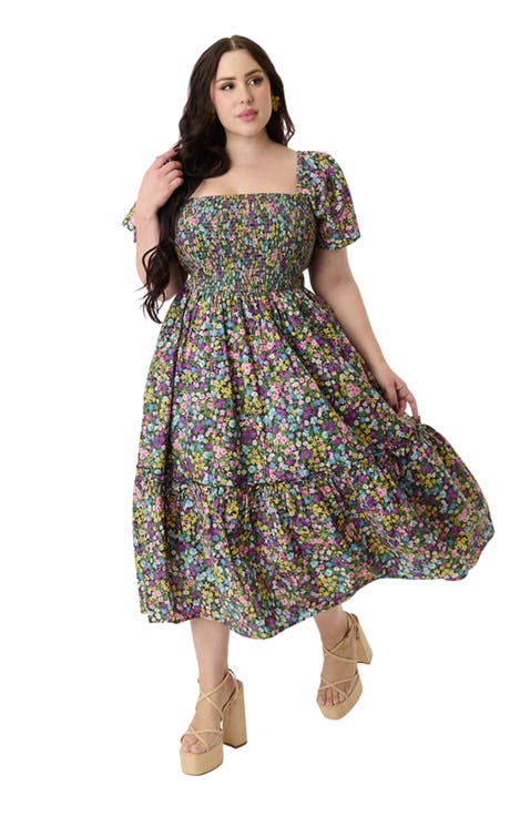 Plus Size Smocked Bodice Midi Dress